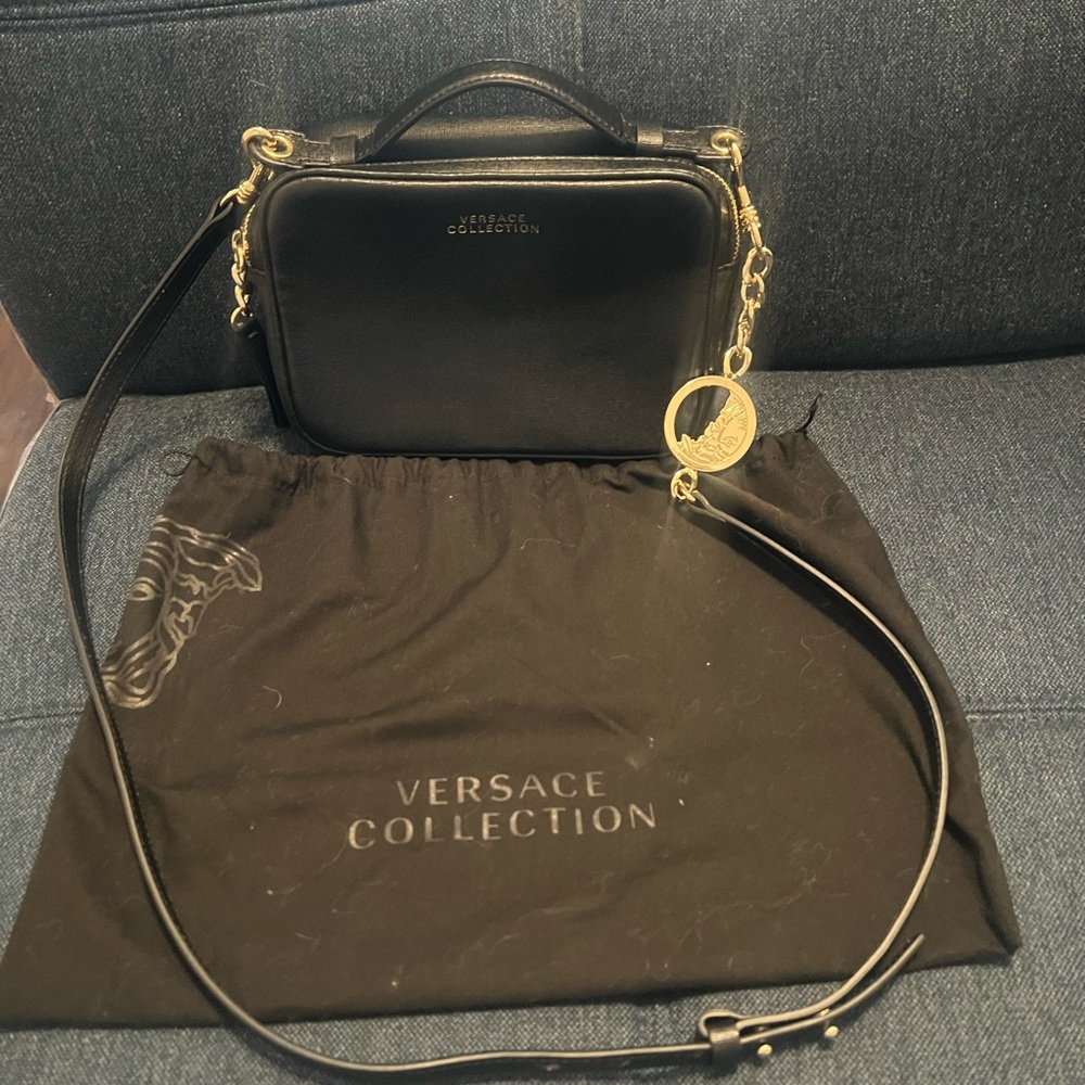 Stunning safiano leather black Versace camera bag